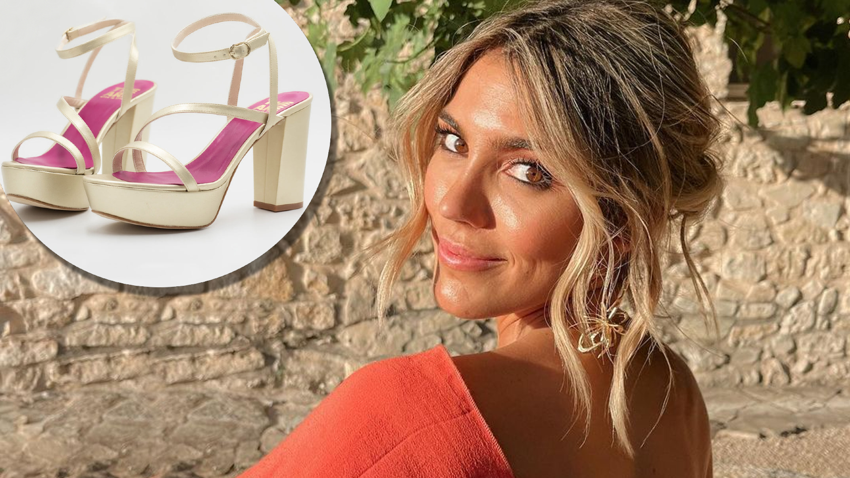 Anna Ferrer Padilla y sus sandalias de color platino, en un fotomontaje de EL ESTILO.