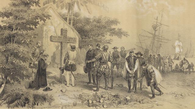 La armada de Loaisa arriba a la isla desierta de San Mateo. Litografía de Vicente Urrabieta.