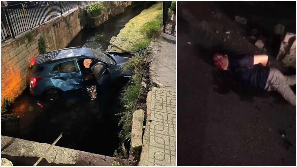 De izquierda a derecha: el coche tras el atropello, dentro del río Cañoles, y su conductor detenido, 'El Manchego' .