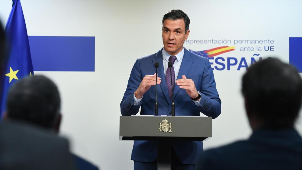 Pedro Sánchez, durante su rueda de prensa este martes en Bruselas