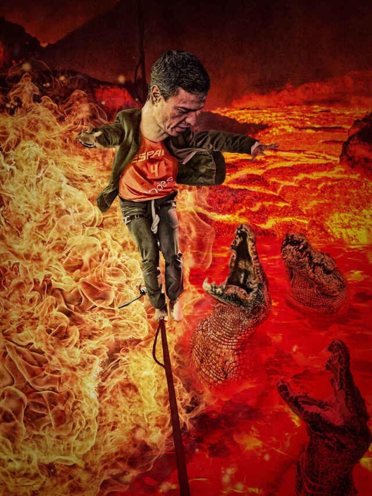 Ilustración de Javier Muñoz publicada en 2019 para la 'Carta del director' de Pedro J. Ramírez titulada ' Un Cuatro en el alambre'.