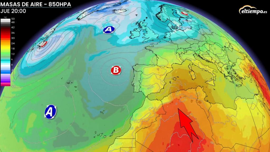 La masa de aire cálido ascendiendo desde África. ElTiempo.es.