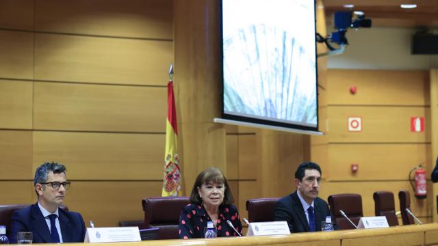 La vicepresidenta primera del Senado, Cristina Narbona, con el ministro de la Presidencia, Félix Bolaños (iqda.) y el director del congreso Trienio Liberal, Ignacio Fernández Sarasola, este martes en el Senado.