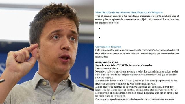 El líder de Más País, Íñigo Errejón, junto a los mensajes que prueban la falsificación de la asamblea.
