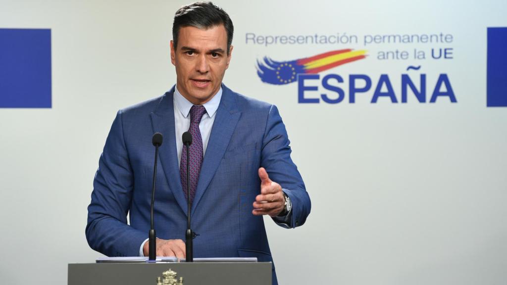 Pedro Sánchez, durante su rueda de prensa de este martes en Bruselas