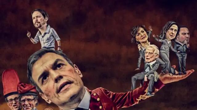 Ilustración de Javier Muñoz publicada en 2018 para la 'Carta del Director' de Pedro J. Ramírez  '¿De qué lado caerá?'.