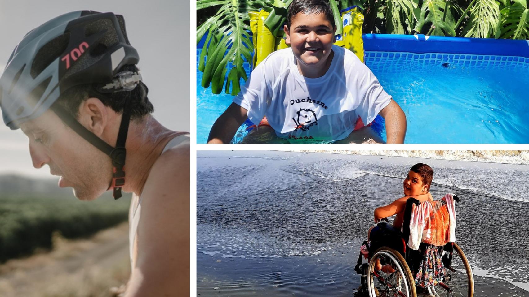 Dos imágenes del pequeño Carlos y de Juan Luis, subido a la bici.