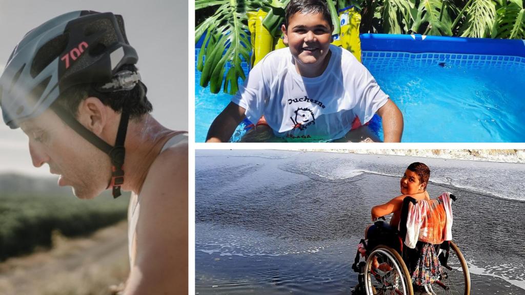 Dos imágenes del pequeño Carlos y de Juan Luis, subido a la bici.