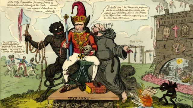 Caricatura realizada por George Cruikshank sobre Fernando VII, con el título de La maldición de España.