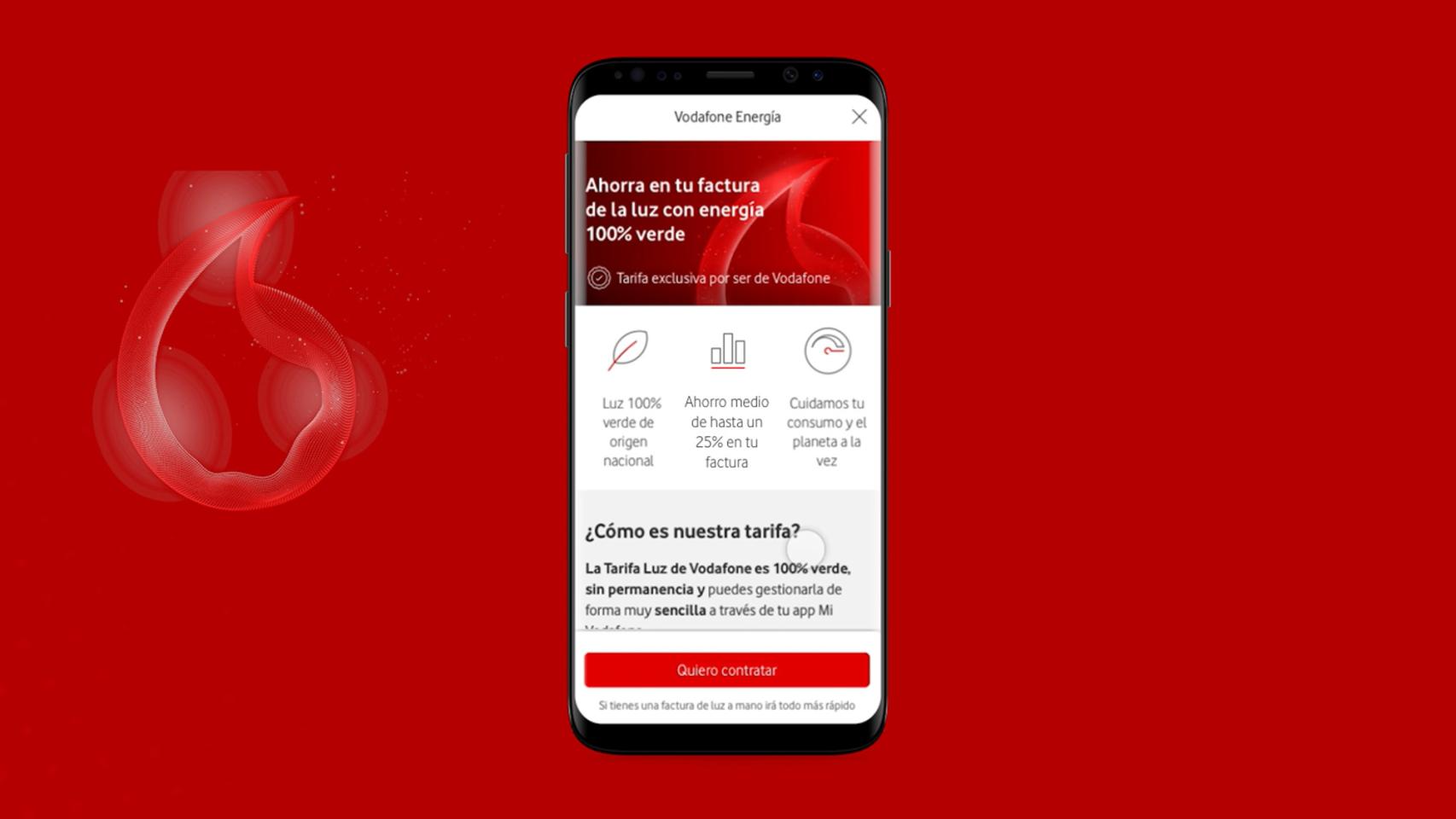 Simulación del servicio de energía en la aplicación de Vodafone.