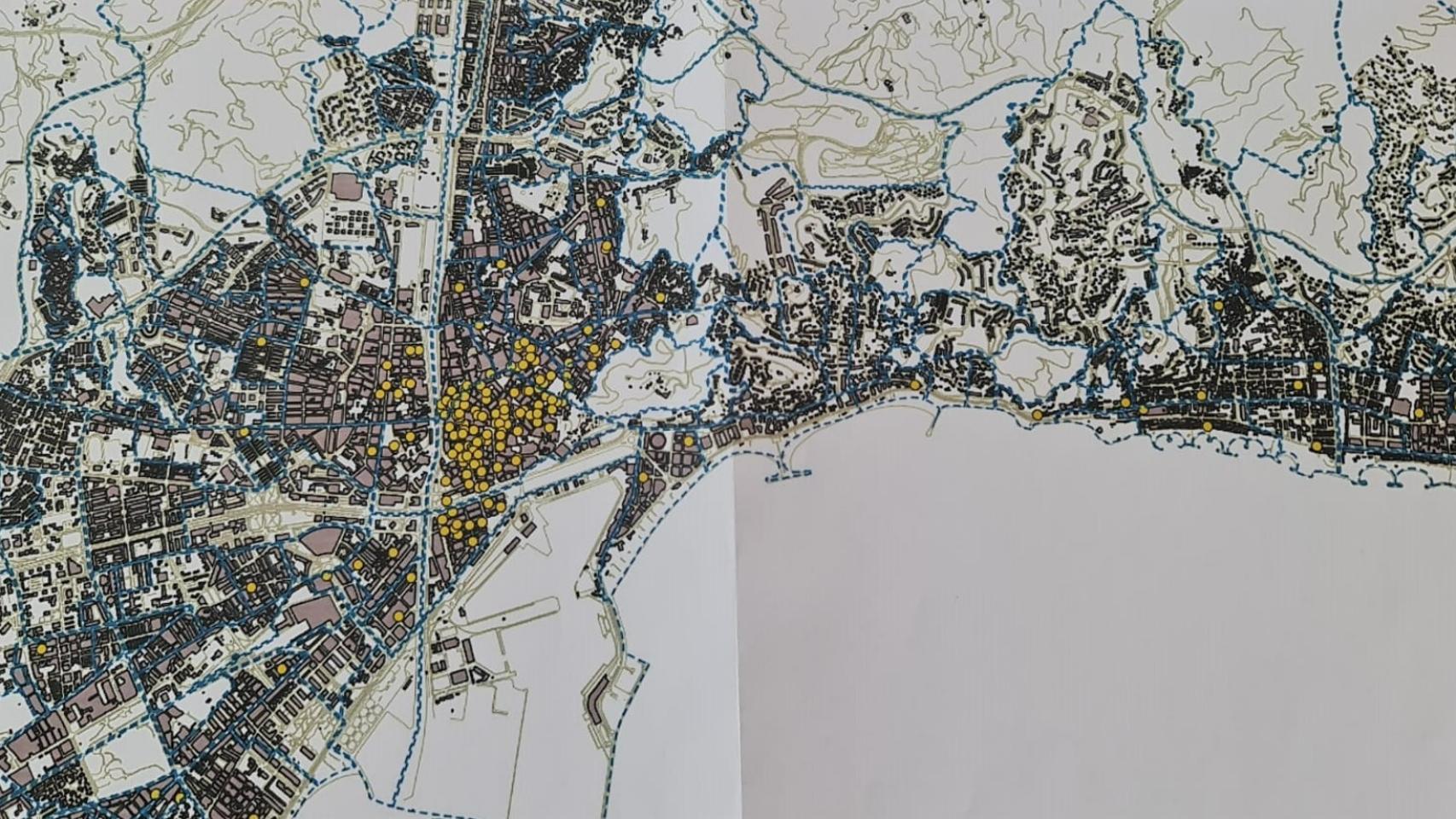 Mapa de Málaga con los edificios de apartamentos turísticos.