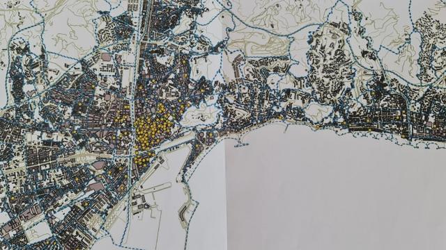 Mapa de Málaga con los edificios de apartamentos turísticos.