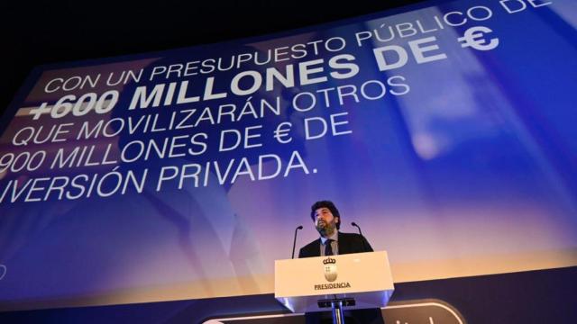 El presidente de la Región de Murcia, Fernando López Miras, este miércoles, en el Complejo Myrtea, durante la presentación de la Agenda Digital.