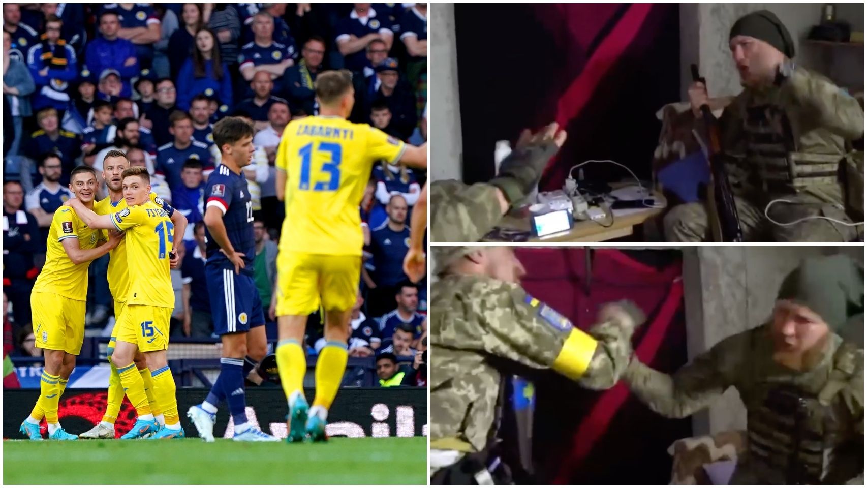 Soldados de Ucrania celebran la victoria de su selección de fútbol