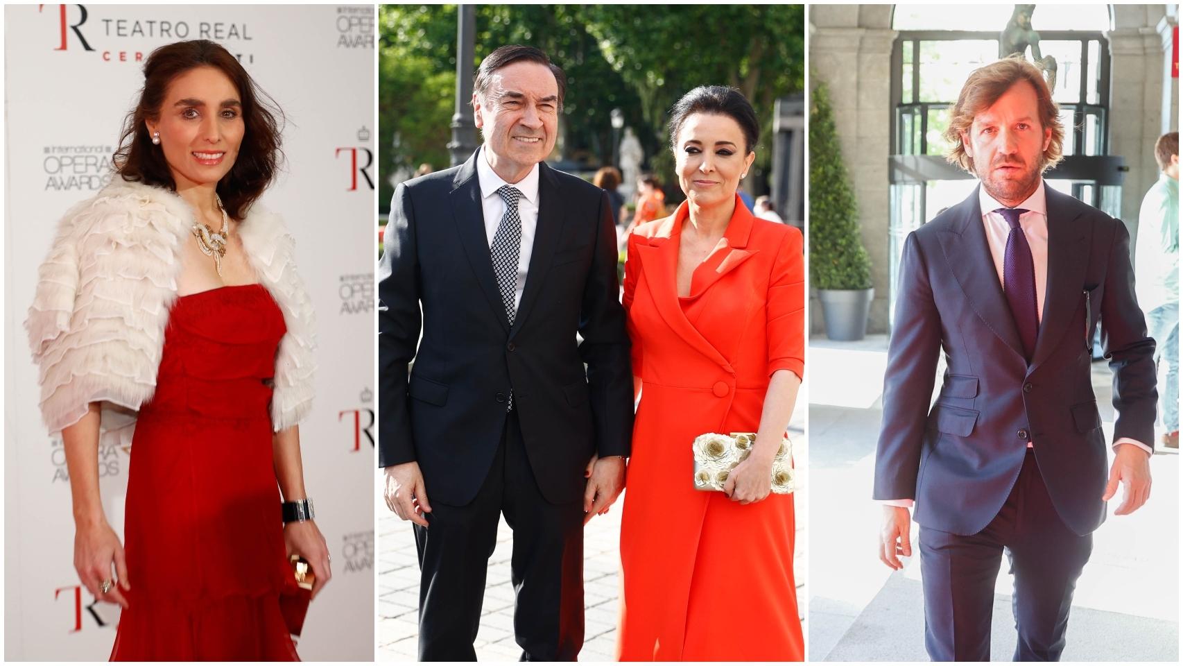 Paloma Segrelles, Pedro J. Ramírez y Cruz Sánchez de Lara, y Rosauro Varo en el Teatro Real este lunes por la tarde.