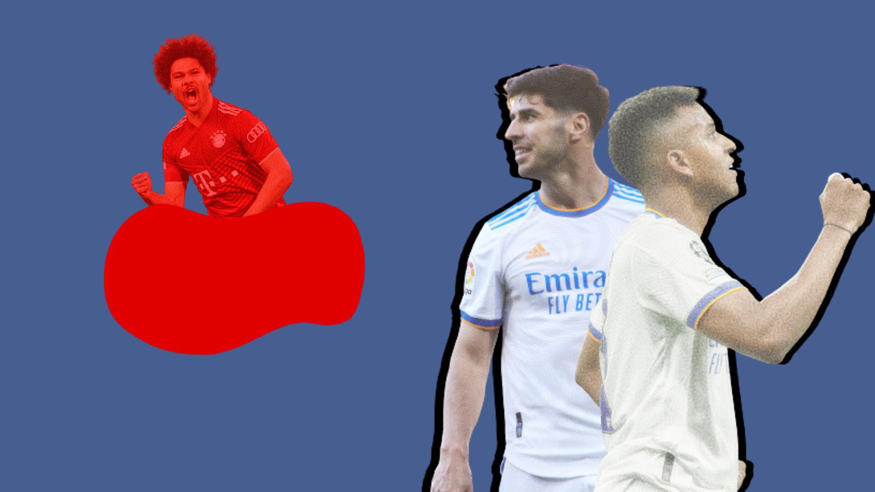 Serge Gnabry, Marco Asensio y Rodrygo Goes, en una ilustración.