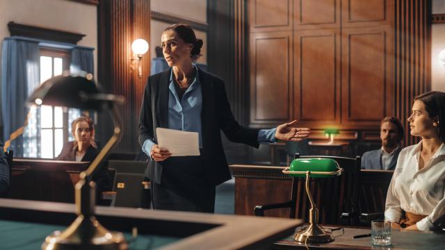 Una abogada defiende a su cliente en un juicio.
