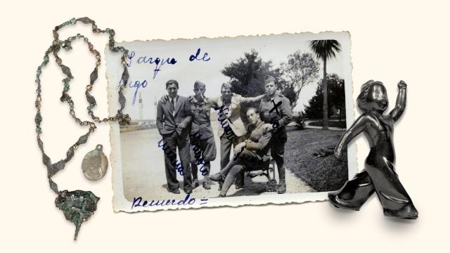 Un rosario hallado en la mina de las Cabezuelas (Toledo), una foto de Faustino Vázquez Carril en el parque de Lugo y un emblema 'El més petit de tots'. Fotos: Galaxia Gutenberg / Ilustración: Lina Smith.