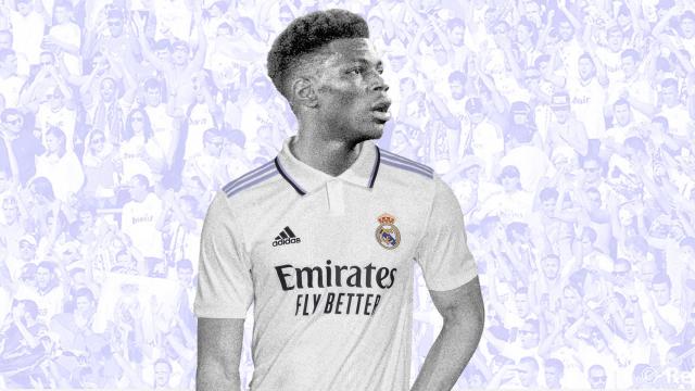 Aurélien Tchouameni en un montaje con la camiseta del Real Madrid