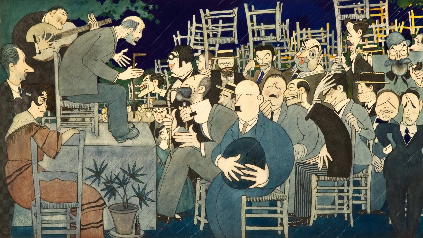 Caricatura de Antonio López Sancho del recital pasado por agua (la sillas hacen de paraguas) del Concurso de 1922 en Granada. aparecen Lorca, Falla, Zuolaga, Andrés Segovia y Rusiñol, entre otras figuras artísticas. sobre el escenario, Diego el Tenazas.