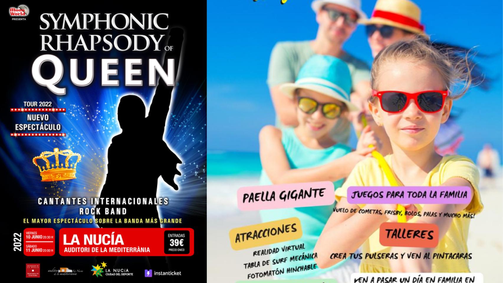 Carteles del concierto de La Nucía y de la jornada de ocio familiar de Alicante.