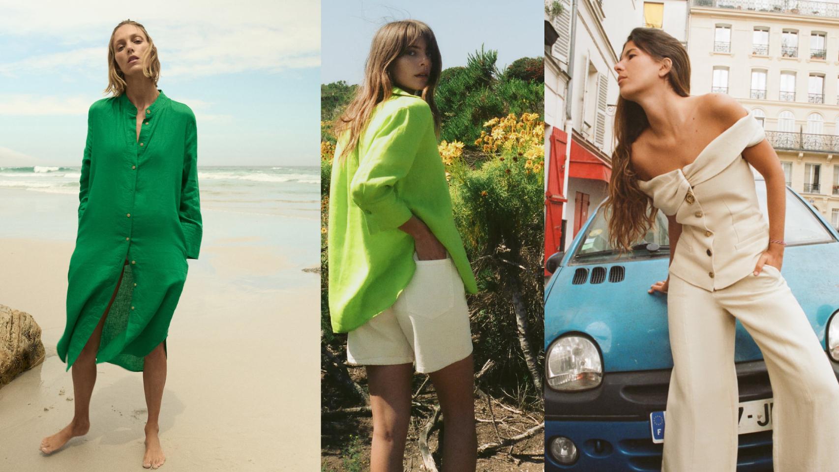 Tres de los 'looks' de Zara de su colección fabricada en lino.
