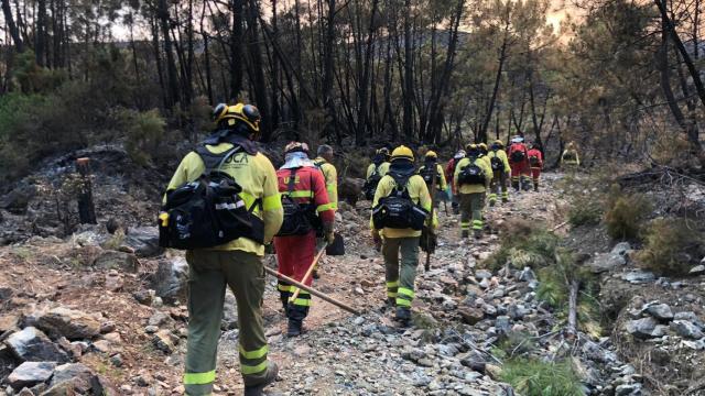 Un grupo de operarios del Infoca, en el incendio de Pujerra.