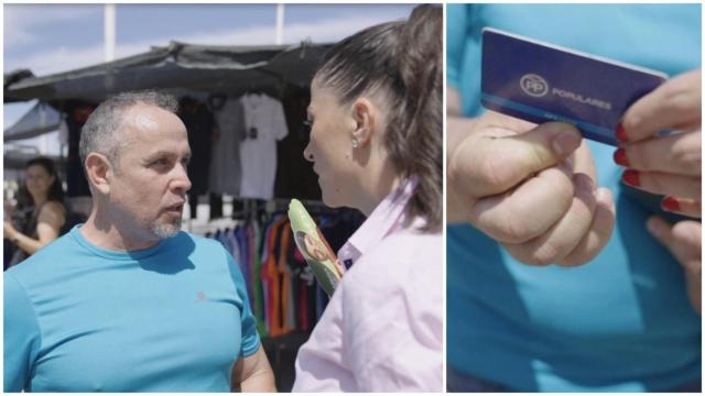 Fragmento del vídeo en el que un falso militante del PP rompe su carnet frente a Macarena Olona.