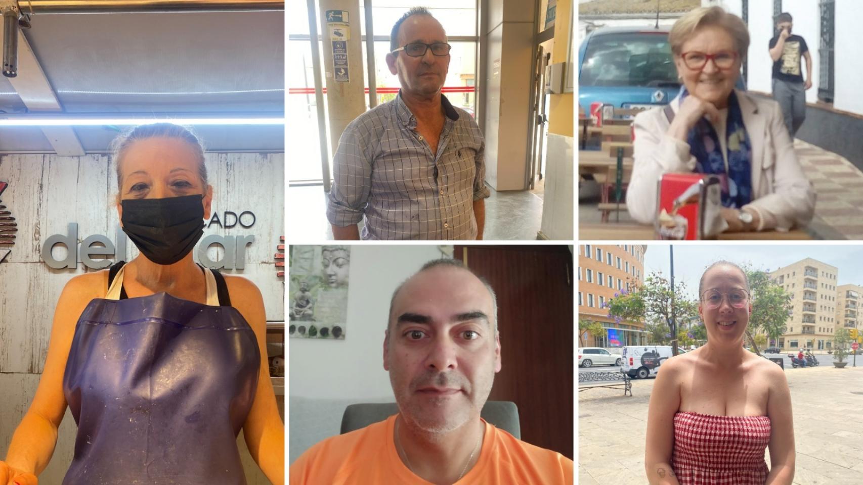 De izquierda a derecha, María Rosario Rengel (empleada en una pescadería), Juan Bogado (autónomo), Isabel García (jubilada), Federico Fernández (repartidor) y Samanta Vázquez (empleada de una tienda de alimentación).