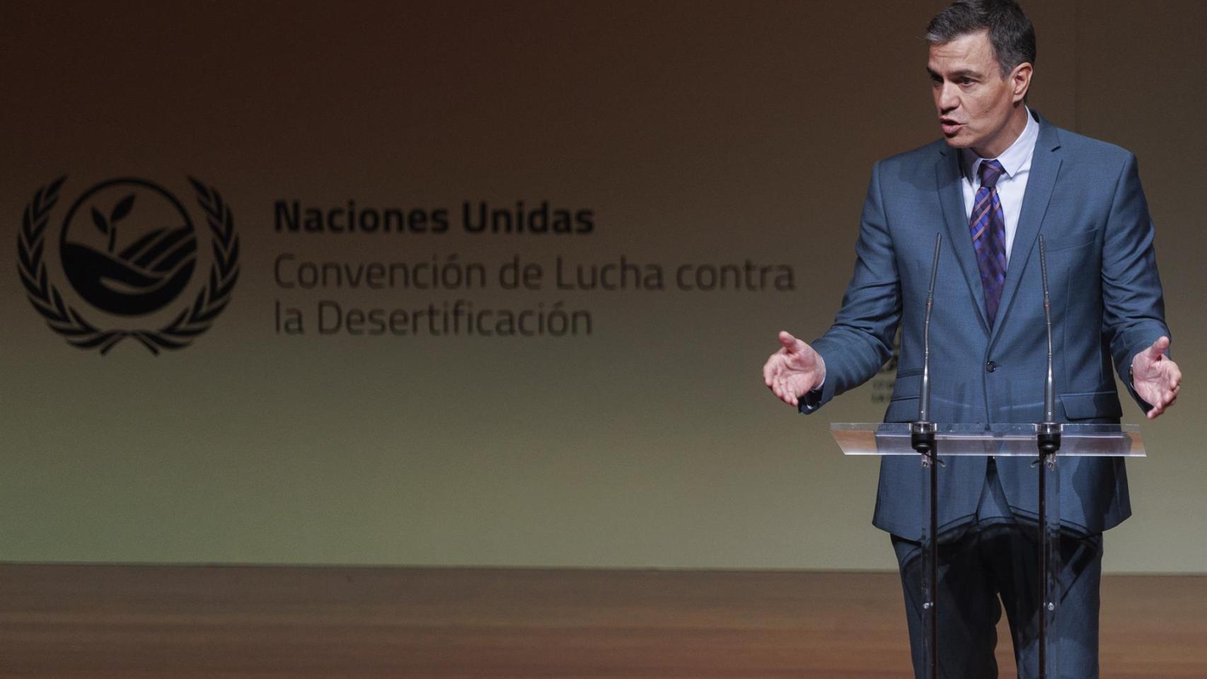 Pedro Sánchez, en la Convención de Lucha contra la Desertificación de Naciones Unidas, celebrada hoy en Madrid.