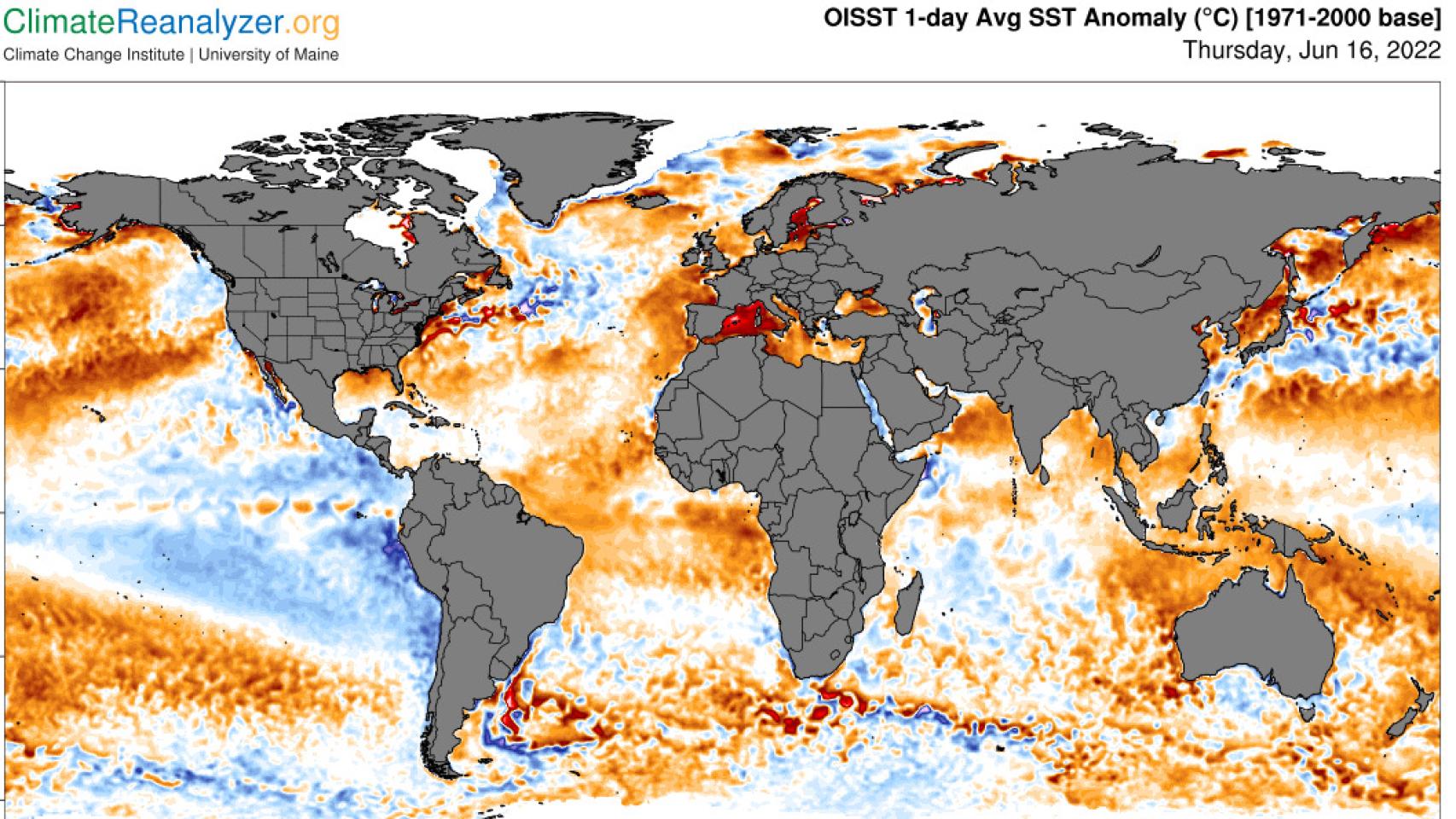 Mapa de la temperatura de mares y océanos compartido por la UA, con el mediterráneo en rojo.