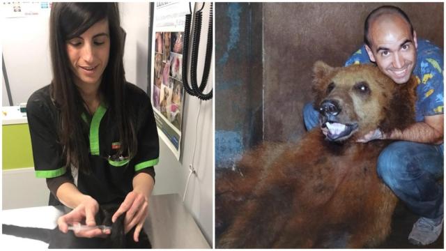 Olga, haciéndole una analítica a un felino en una foto cedida por CER Gatos Benifojar, y Esteban, tras operar a un oso de Terra Natura, son los dos veterinarios fallecidos practicando barranquismo en Granada.