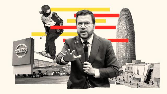 El presidente de la Generalitat, Pere Aragonès, junto a imágenes de algunos de los proyectos perdidos.