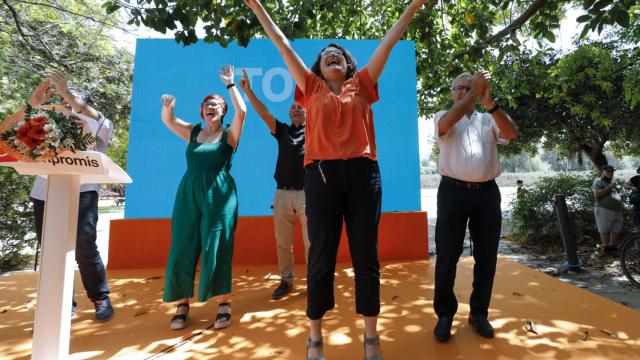 Joan, Baldoví, Mónica Oltra y Joan Ribó en la celebración de Compromís antes de su imputación.