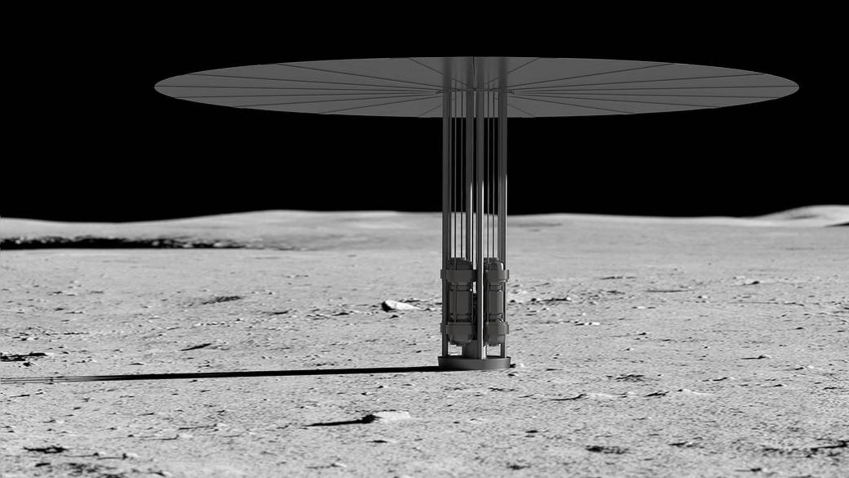 Ilustración conceptual de un sistema de energía por fisión en la Luna.