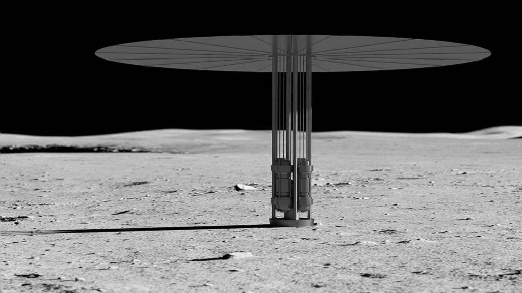 Ilustración conceptual de un sistema de energía por fisión en la Luna.
