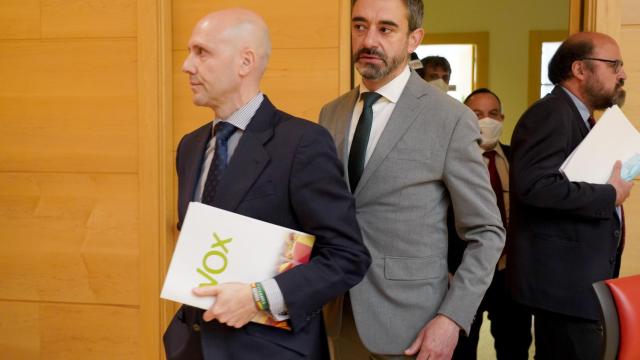 David Hierro y Carlos Menéndez (Vox) a su llegada a la reunión de la Junta de Portavoces de las Cortes