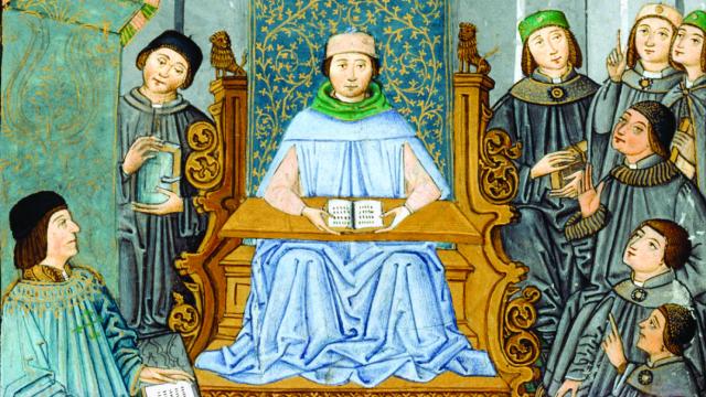 Antonio de Nebrija impartiendo una clase de gramática en presencia de Juan de Zúñiga / Detalle de la imagen contenida en el volumen 'Introductiones latinae' (BNE)
