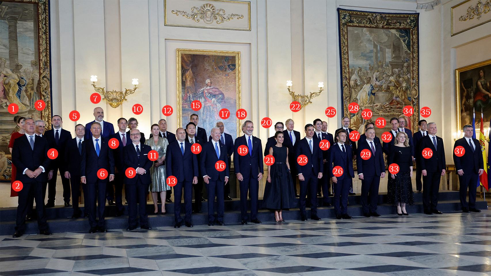 1. Jacinda Ardern, primera ministro de Nueva Zelanda.
2. Milo Đukanović, presidente de Montenegro. 3. Jonas Gahr Støre, primer ministro de Noruega. 4. Irakli Garibashvili, primer ministro de Georgia. 5. Mario Draghi, primer ministro de Italia. 6. Klaus Iohannis, presidente de Rumanía. 7. Edi Rama, primer ministro de Albania. 8. Alexander De Croo, primer ministro de Bélgica. 9. Egils Levits, presidente de Letonia. 10. Robert Golob, presidente de Eslovenia. 11. Mette Frederiksen, primera ministra de Dinamarca. 12. Viktor Orban, primer ministro de Hungría. 13. Rumen Radev, presidente de Bulgaria. 14. Yoon Suk-yeol, presidente de Corea del Sur.
15. Kyriakos Mitsotakis, primer ministro de Grecia. 16 . Joe Biden, presidente de EEUU. 17. Antonio Costa, presidente de Portugal. 18. Ursula von der Leyen, presidenta de la Comisión Europea. 19. Felipe VI. 20. Stevo Pendarovski, presidente de Macedonia del Norte. 21. Reina Letizia. 22. Boris Johnson, primer ministro británico. 23. Pedro Sánchez, presidente de España. 24. Justin Trudeau, primer ministro de Canadá. 25. Olaf Scholz, canciller federal de Alemania. 26. Emmanuel Macron, presidente de Francia. 27. Katrín Jakobsdóttir, primera ministra de Islandia. 28. Petr Fiala, primer ministro de la República Checa. 29. Andrzej Duda, presidente de Polonia. 30. Kaja Kallas, primera ministra de Estonia. 31. Xavier Bettel, primer ministro de Luxemburgo. 32. Mark Rutte, Primer ministro de los Países Bajos. 33. Zuzana Caputová, presidenta de Eslovaquia. 34. Anthony Albanese, primer ministro de Australia. 35. Fumio Kishida, primer ministro japonés. 36. Gitanas Nausėda, presidente de Lituania. 37. Zoran Milanović, presidente de la República de Croacia.