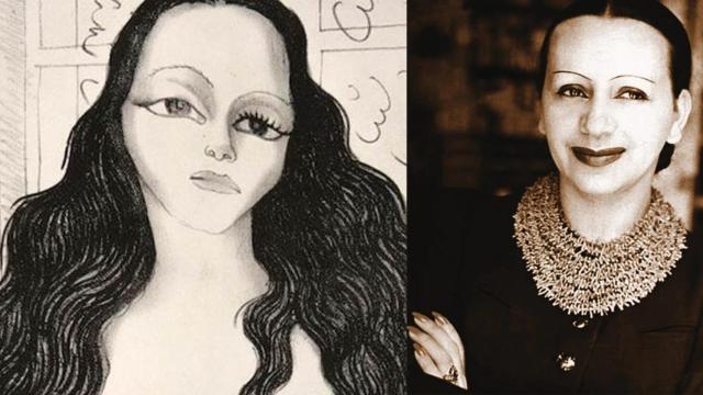 A la izquierda, litografía del artista Diego Rivera con desnudo de Dolores Olmedo (1930), retratada en la foto (a la dcha.).