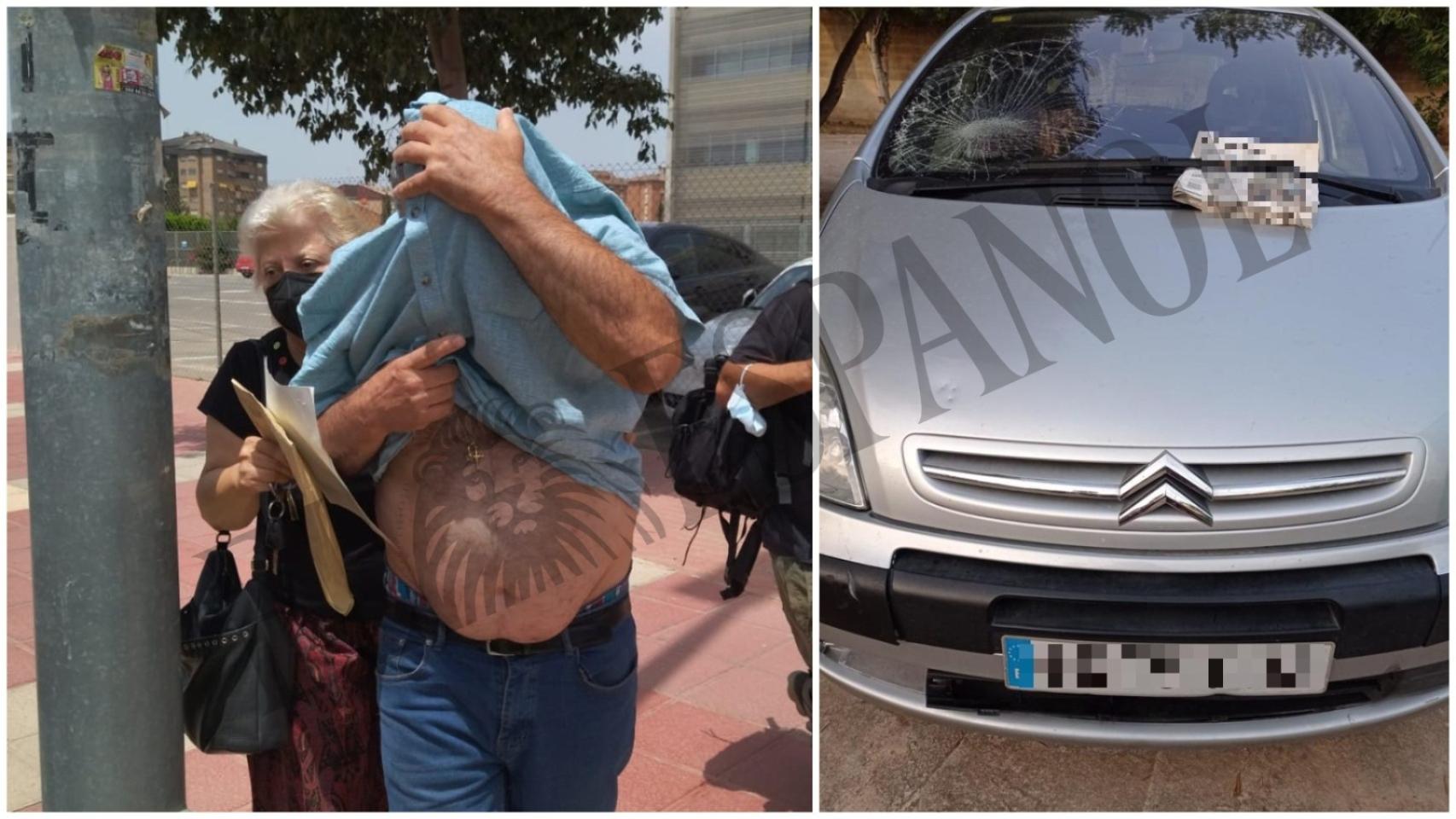Cristóbal, este lunes, ocultando su rostro a la salida de la Ciudad de la Justicia de Murcia, y al lado, una imagen de la luna rota de su monovolumen tras el supuesto atropello a Alejandro Valverde.