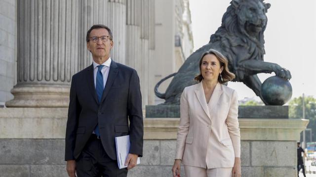 Alberto Núñez Feijóo y la portavoz Cuca Gamarra, este martes ante los leones del Congreso.
