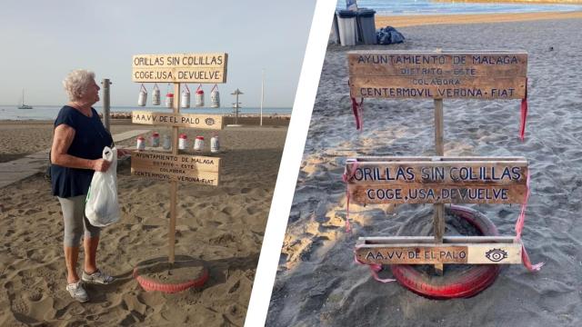 El antes y el después de uno de los colilleros de la AA.VV. de El Palo en la playa.