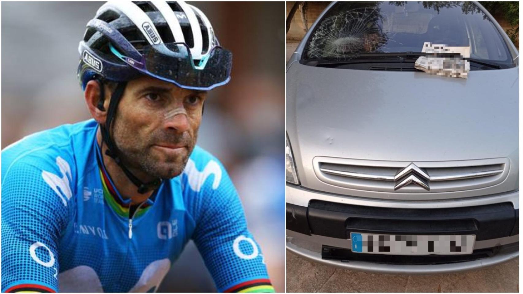 El ciclista Alejandro Valverde junto al Citroën Xsara que será peritado por la Policía Nacional para esclarecer el origen de la rotura de la luna delantera.