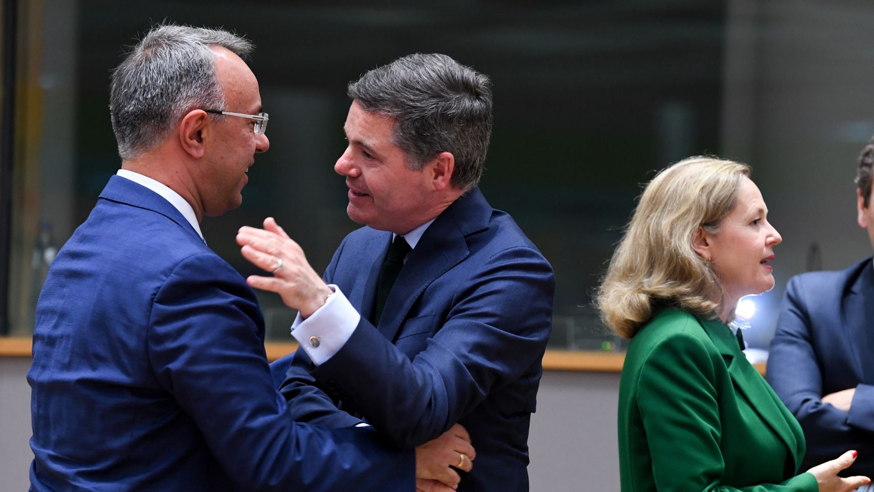 La vicepresidenta primera, Nadia Calviño, durante la reunión del Eurogrupo celebrada este lunes en Bruselas