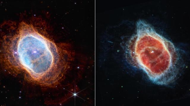 Una imagen proporcionada por la NASA muestra la nebulosa planetaria catalogada como NGC 3132, y conocida informalmente como la Nebulosa del Anillo Sur, capturada por dos cámaras a bordo del Telescopio James Webb