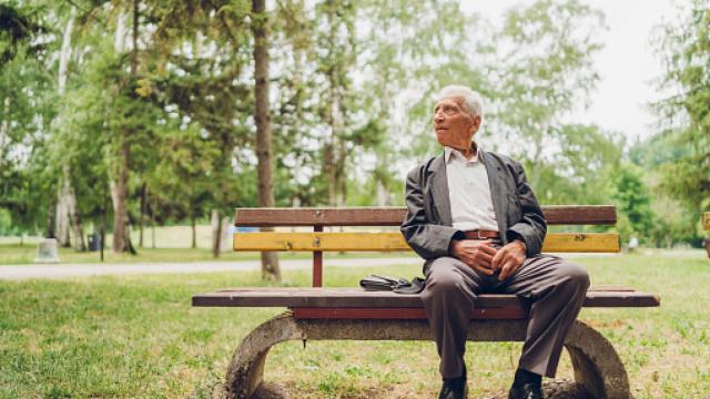 Un anciano sentado en el banco de un parque.