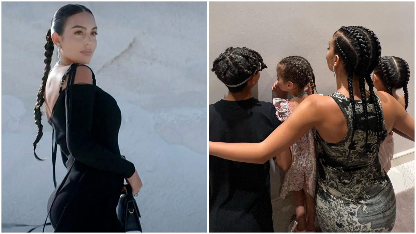 Georgina Rodríguez, en el desfile de Jacquemus, y en una tarde de juegos con sus hijos.