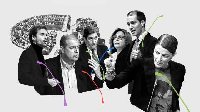 De derecha a izquierda: Macarena Olona (Vox), Víctor González Coello de Portugal (Vox), Isabel Borrego (PP), José Echániz (PP), José Zaragoza (PSOE) y Javier Sánchez (UP). Diseño: Arte EE