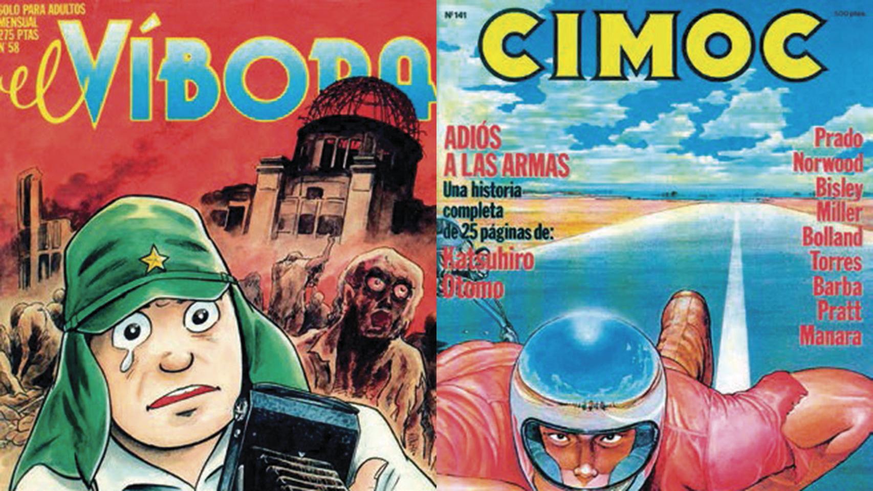 Portadas de Yoshihiro Tatsumi, para 'El Víbora', 58, Barcelona, J. M. Berenguer Editor, 1984. Y de Katsuhiro Otomo para 'Cimoc', 141, Barcelona, Norma Editorial, 1992.